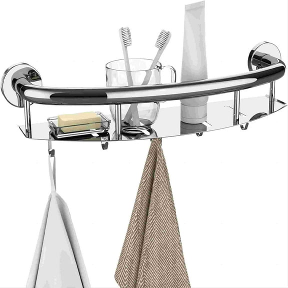 Brushed Nickel 18-inch Safety Grab Bar with Storage Shelf for Bathtub or Shower, Drainage Holes, Stainless Steel, Wall Mounted Grab Bars for Elderly Injured Balance Support