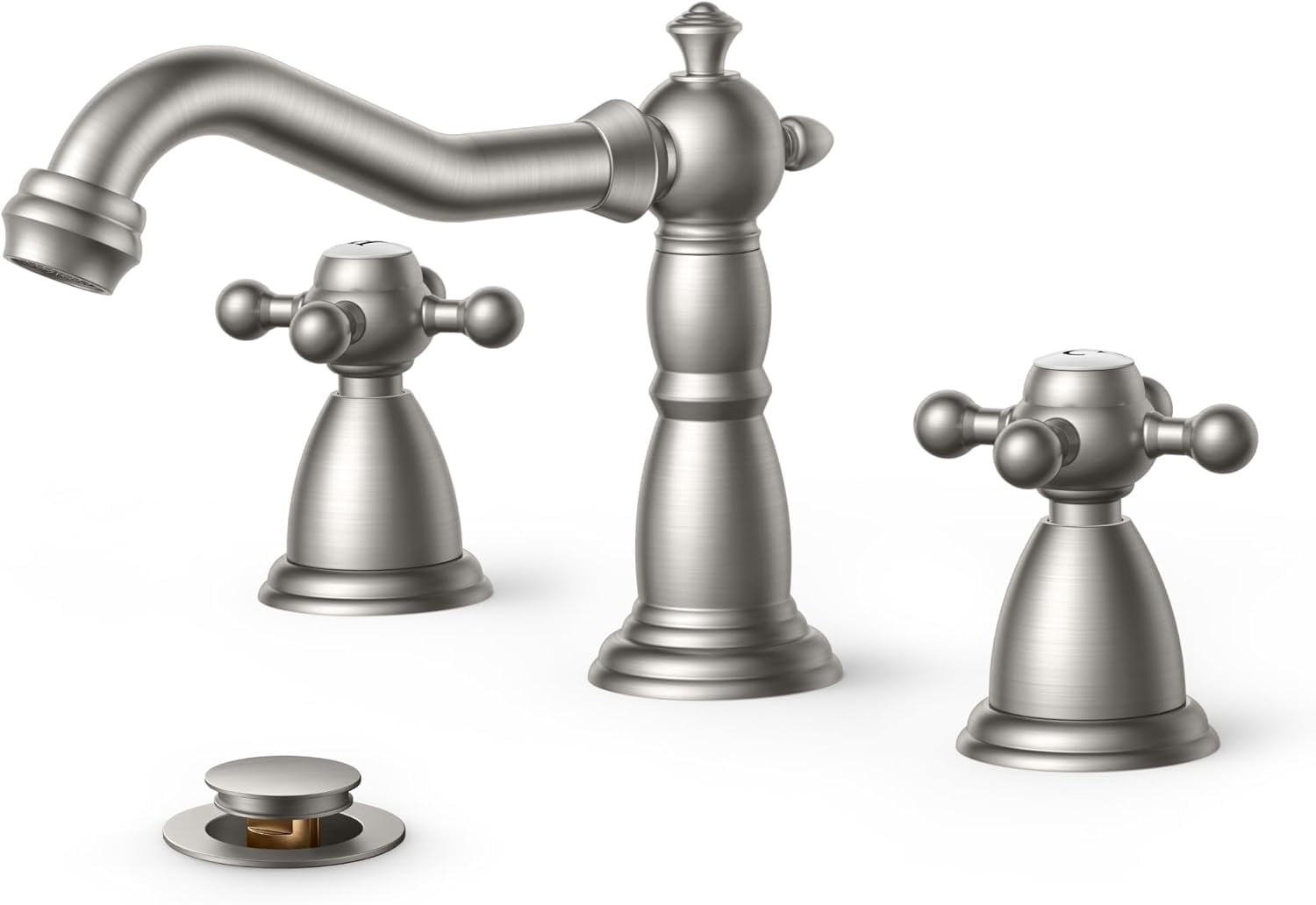 Brushed Nickel 3 Hole Bathroom Sink Faucets 2 Cross Handles, 8 Inch Widespread Antique Brass Viantage Bathroom Faucet for RV Vanity Farmhouse with Metal Pop Up Drain and Supply Lines