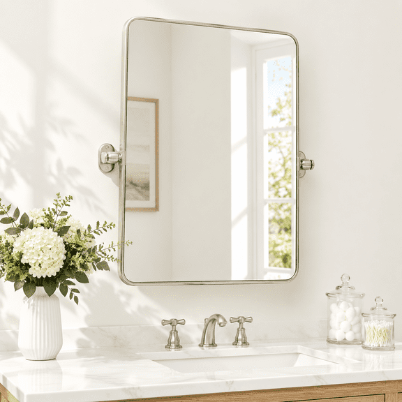 Brushed Nickel 30"L x 20"W Rectangle Metal Framed Vanity Pivot Wall Mirror