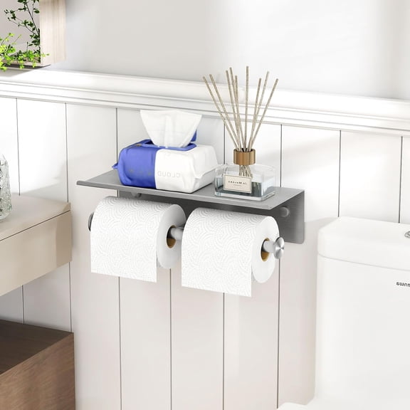 Brushed Nickel 304 Stainless Steel Wall-Mounted Double Toilet Paper Holder with Shelf & Wipes Dispenser