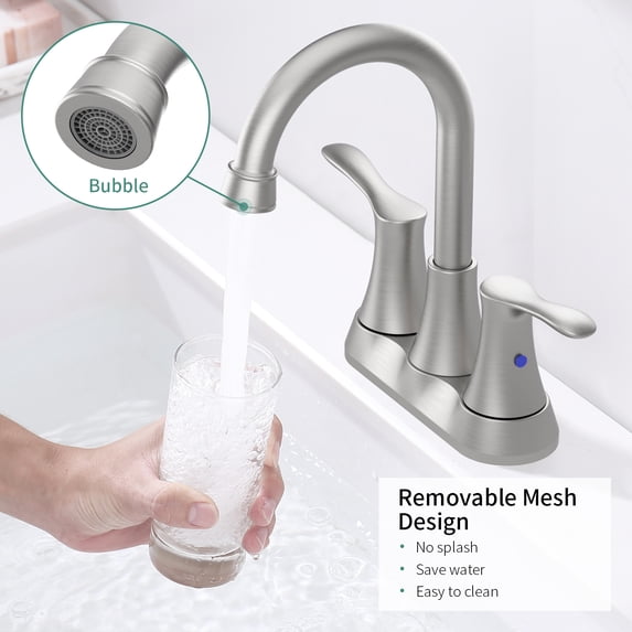 Brushed Nickel 4 Inch Centerset Bathroom Faucet with Pop-Up Drain & Supply Lines, 2-Handle Sink Faucet with Swivel Spout for Vanity or Basin (Lead-Free, Easy Install)
