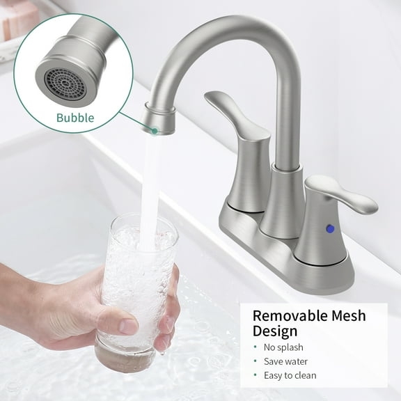 Brushed Nickel 4 Inch Centerset Bathroom Faucet with Pop-Up Drain & Supply Lines, 2-Handle Sink Faucet with Swivel Spout for Vanity or Basin (Lead-Free, Easy Install)