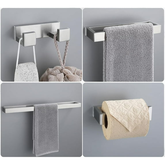 Brushed Nickel 4-Piece Bathroom Hardware Accessories Set, Bathroom Hardware Set including Towel Bar,Towel Holder,Toilet Paper Holder,Towel Hook, SUS304 Stainless Steel Bath Towel Bar Set Wall Mounted