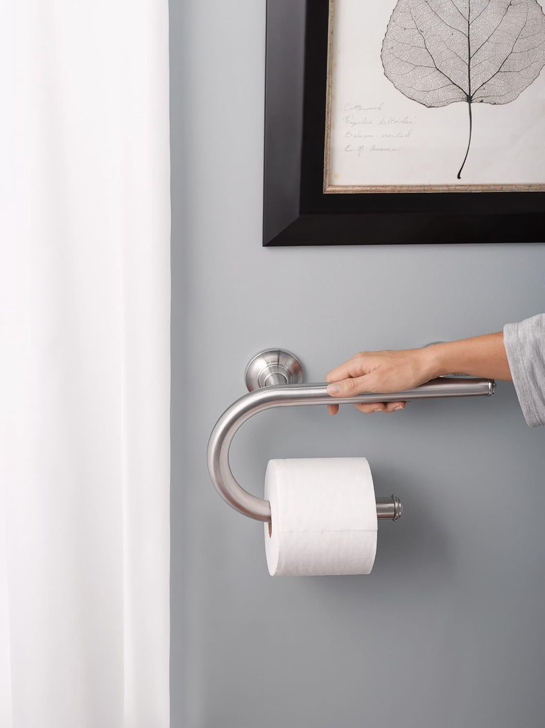 Brushed Nickel 8-Inch Wall Mounted Grab Bar with Integrated Toilet Paper Holder for Bathroom Safety and Accessibility