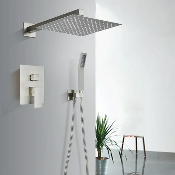 Brushed Nickel 8" Rainfall Brass Shower Faucet System Combo Set W/Hand Shower