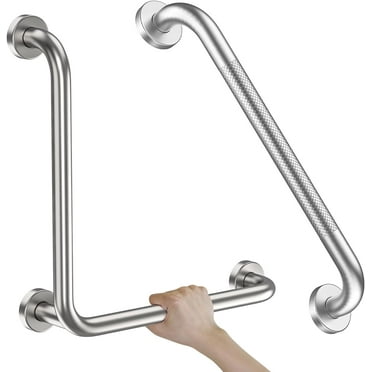 Brushed Nickel Angled Grab Bar 16 Inch, ZUEXT Stainless Steel L-Shaped Safety Grab Rail, Bathroom Mobility Aid Handrail, Wall Mounted Balance Support Assist Shower Handle for Senior Elderly Handicap