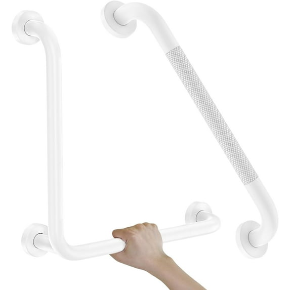 White L-Shaped Grab Bar 16 Inch + Knurled Grab Bar 20 Inch, ZUEXT Stainless Steel 90 Degree Angled Safety Grab Rail, Bathroom Mobility Aid Handrail, Balance Support Assist Shower Bar for Senior