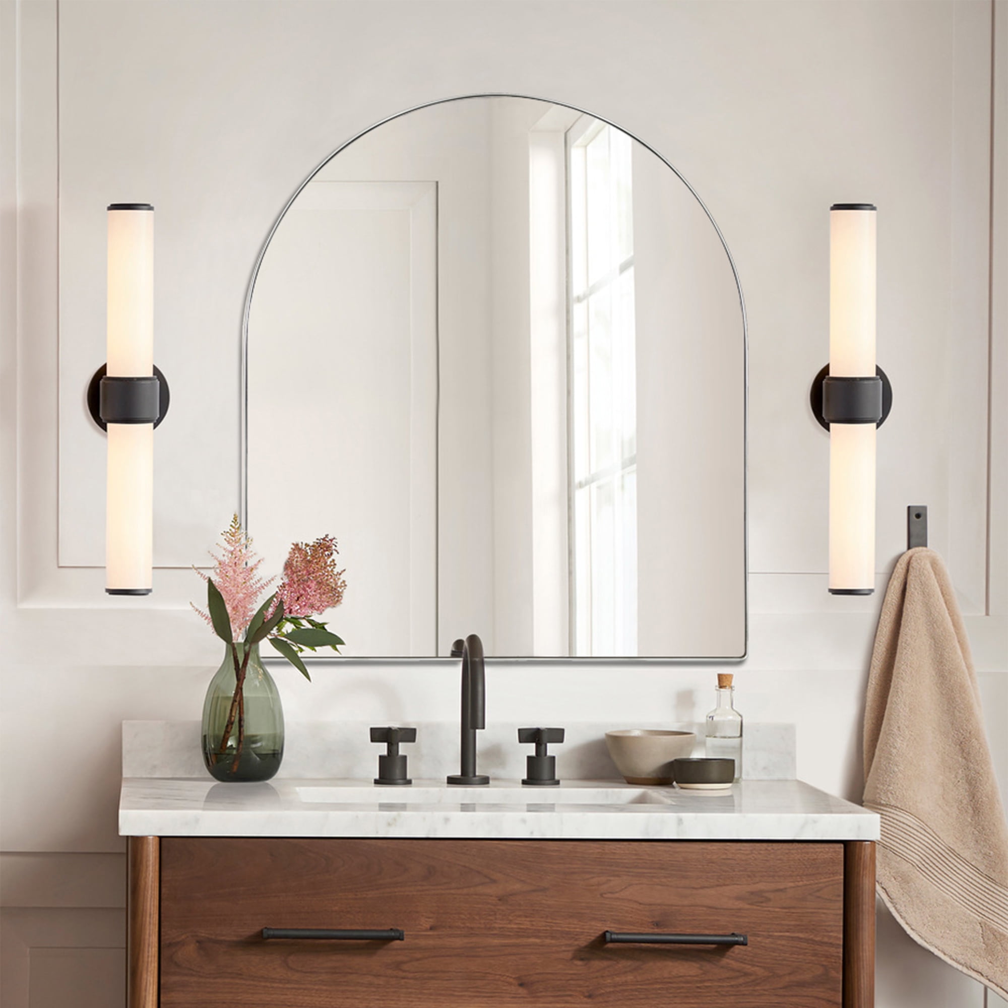 Brushed Nickel Arched Wall Mirror Bathroom Mirror with Metal Frame
