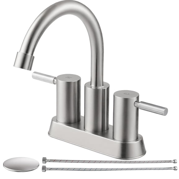 Brushed Nickel Bathroom Faucet, 2 Handle Bathroom Sink Faucets Centerset, 360° Swivel High-Arc Spout Modern 4 inch Bath Faucet Lead-Free for Vanity Lavatory with Pop-up Drain & Water Hoses