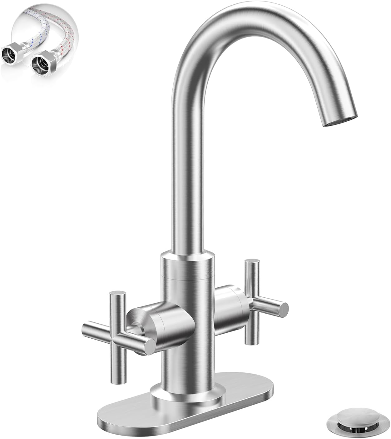 Modern Brushed Gold Bathroom Sink Faucet - 4" Centerset, 2 Cross Handles, 360 Swivel Spout, 1.2 GPM