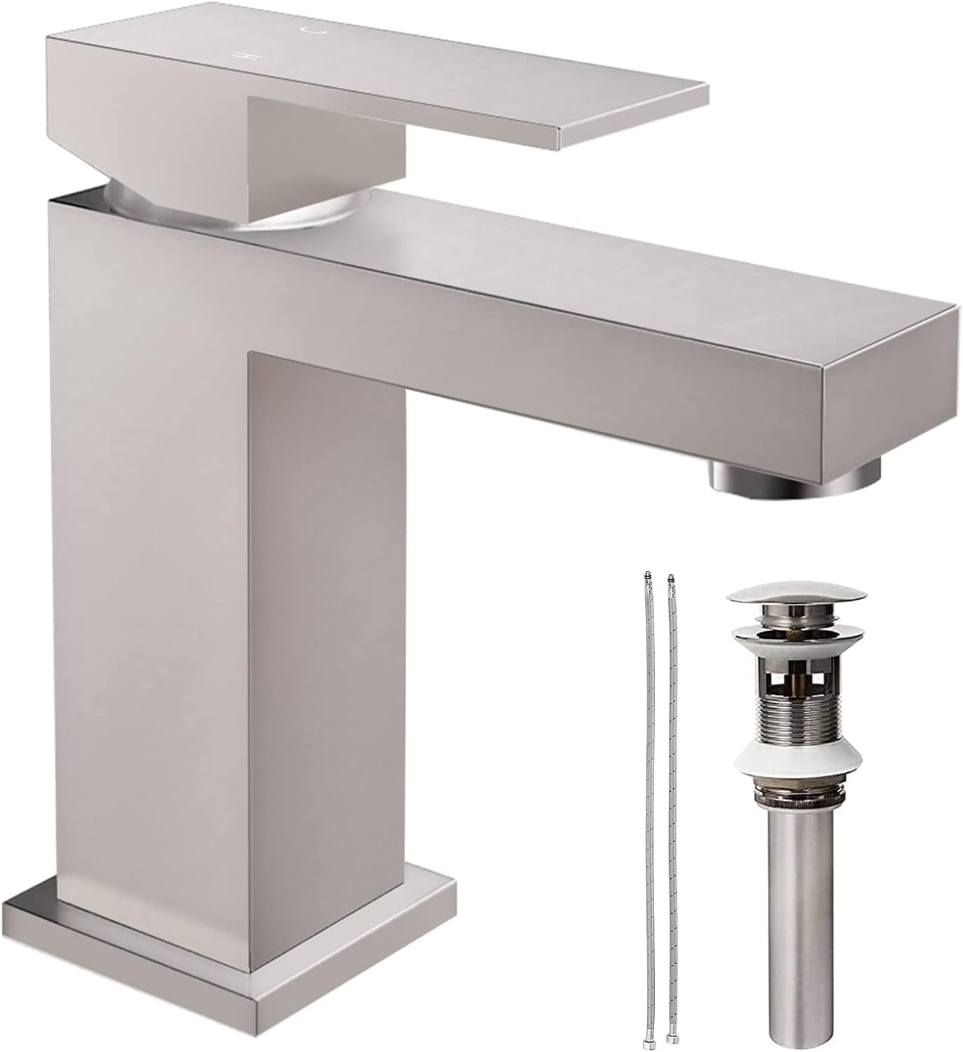 Brushed Nickel Bathroom Faucet - HausinLuck Solid Square Single Handle Bathroom Sink Faucet with Pop Up Drain