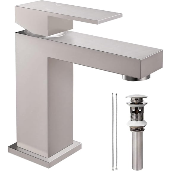 Brushed Nickel Bathroom Faucet - HausinLuck Solid Square Single Handle Bathroom Sink Faucet with Pop Up Drain