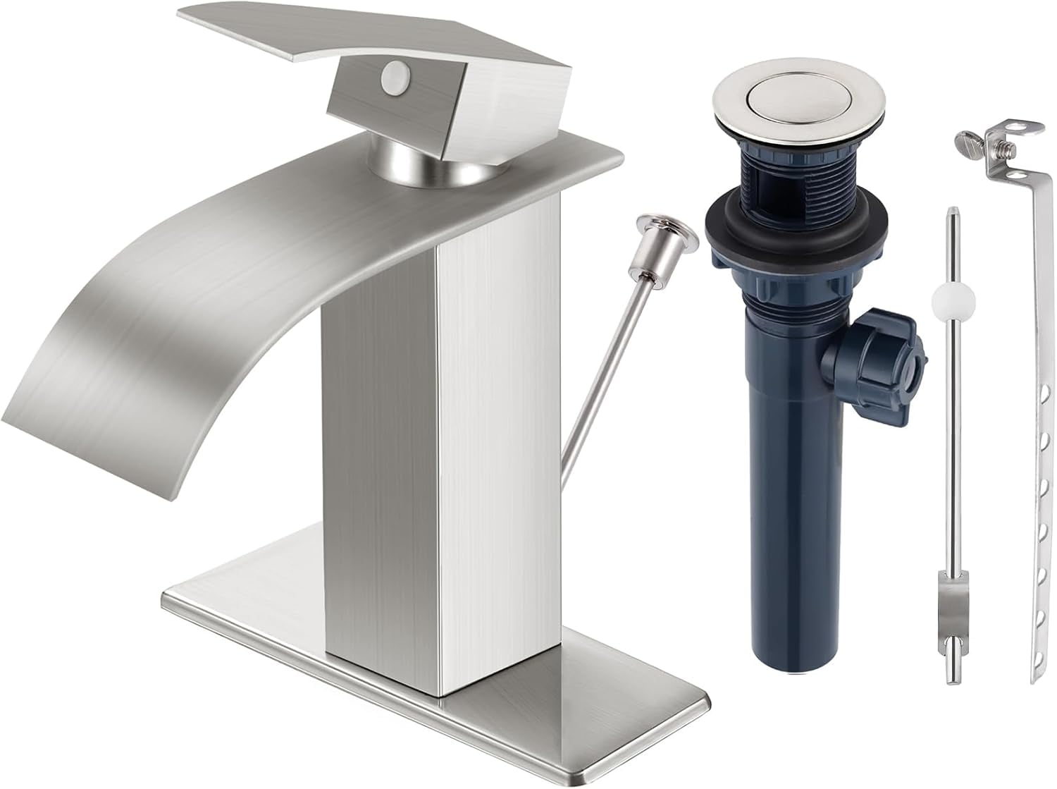 Brushed Nickel Bathroom Faucet with Lift Rod Drain, Waterfall Bathroom Sink Faucet Modern Single Handle Bathroom Faucte 1 or 3 Hole, RV Mixer Tap Vanity Faucet Washbasin Faucet with Deck