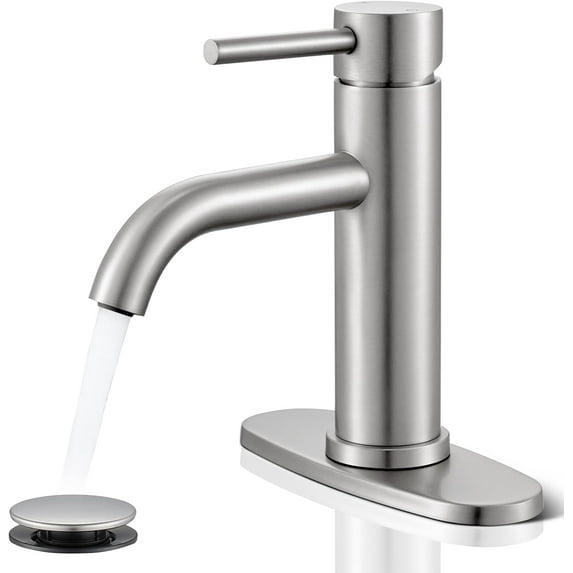 Brushed Nickel Bathroom Faucet, Single Hole Bathroom Faucet with Pop-up Drain and Flexible Hoses, Single Handle for Sink, Vanity, RV, Modern Farmhouse
