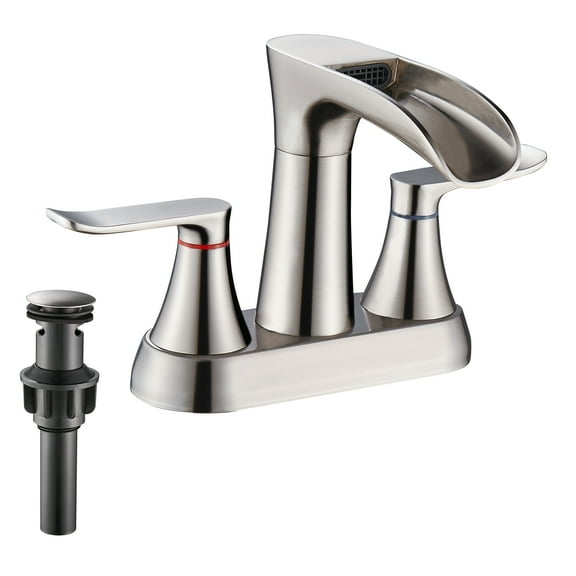 Brushed Nickel Bathroom Faucet,Yundoom 4 Inch Centerset Bathroom Faucet,Waterfall Bathroom Faucet,2 Handle Bathroom Faucet for Sink,360 Degree Swivel Spout Bathroom Sink Faucet with Pop Up Drain