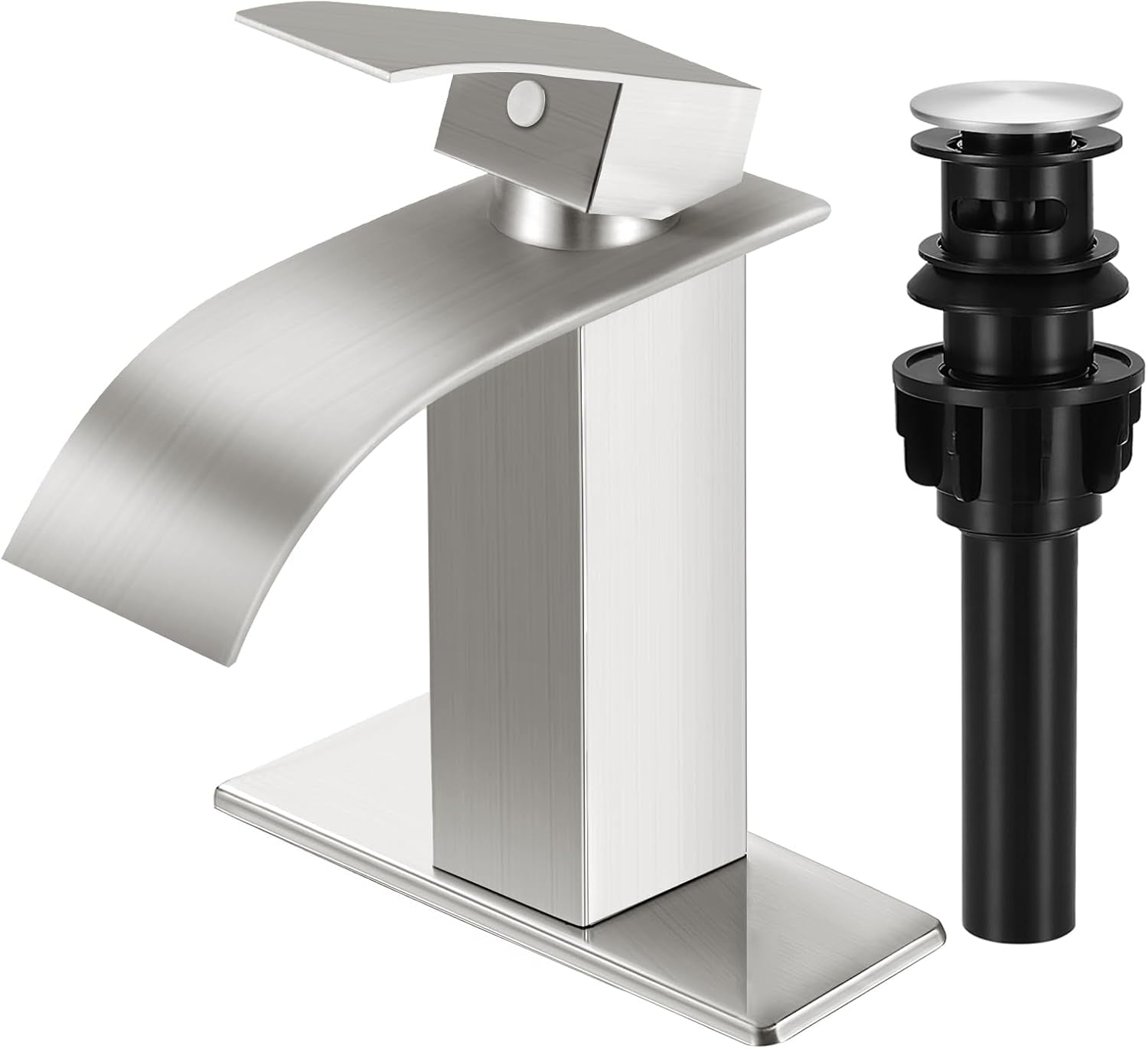 Brushed Nickel Bathroom Faucets, Waterfall Bathroom Sink Faucet Modern Single Handle Bathroom Faucte 1 or 3 Hole, RV Mixer Tap Vanity Faucet - Includes Pop-up Drain Supply Hoses Deck Plate