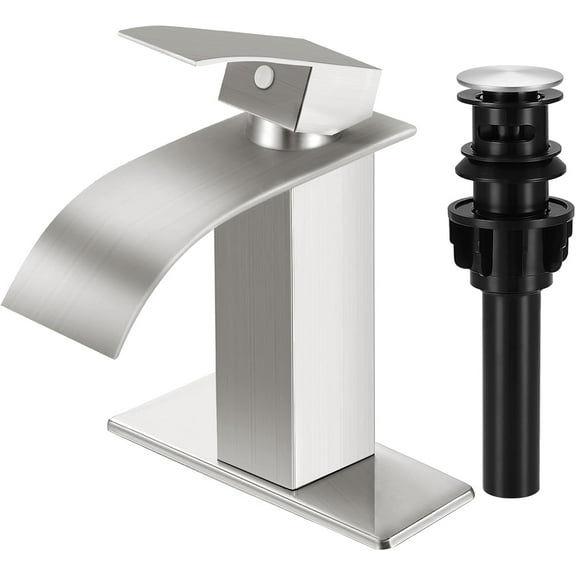Brushed Nickel Bathroom Faucets, Waterfall Bathroom Sink Faucet Modern Single Handle Bathroom Faucte 1 or 3 Hole, RV Mixer Tap Vanity Faucet - Includes Pop-up Drain Supply Hoses Deck Plate