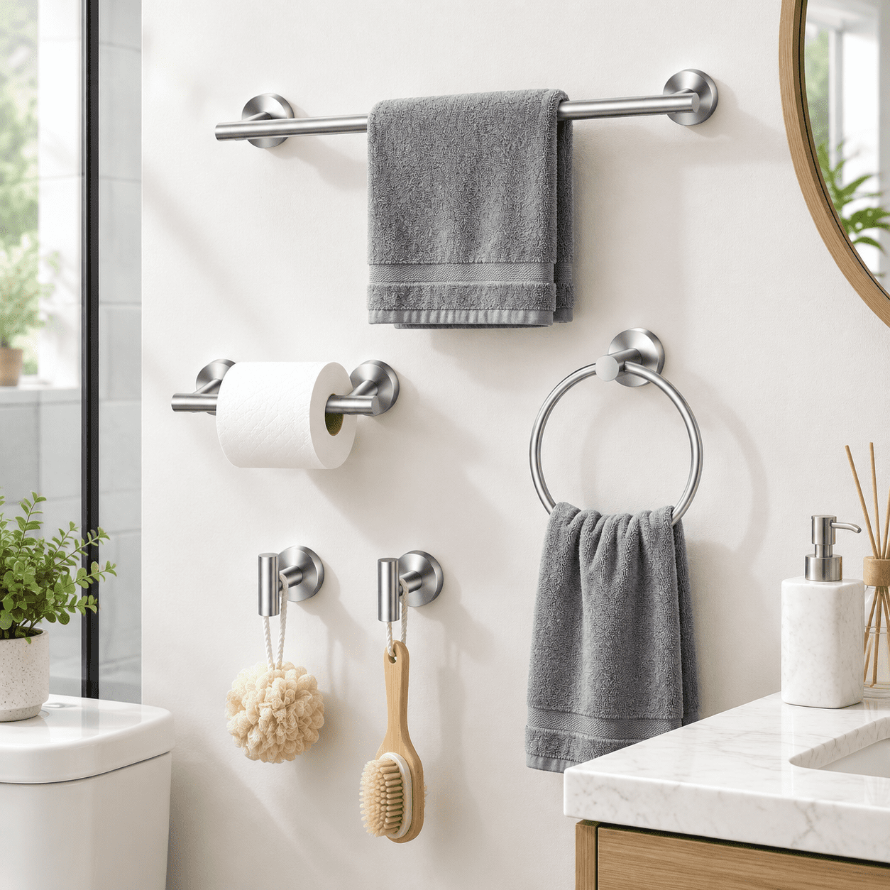 Brushed Nickel Bathroom Hardware Accessories Set 5 Pieces Round Towel ...