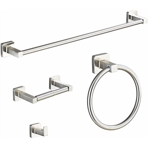 Brushed Nickel Bathroom Hardware Set 4 Pieces,Bathroom Accessories Set Stainless Steel Wall Mounted, Hand Towel Bar, Towel Ring, Robe Towel Hooks,Toilet Paper Holder,Towel Bar Set, 23.6 Inch