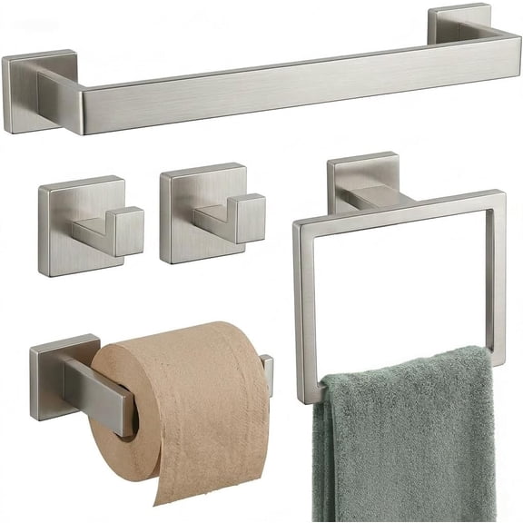 Brushed Nickel Bathroom Hardware Set, Stainless Steel Towel Rack,  Towel Bar with Hand Towel Ring, Toilet Paper Holder, Robe Hooks, Heavy Duty Square Wall Mount
