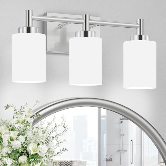 Brushed Nickel Bathroom Light Fixtures 3-Light Modern Vanity Light over Mirror with Milky White Frosted Glass Shades, Bulbs Not Included