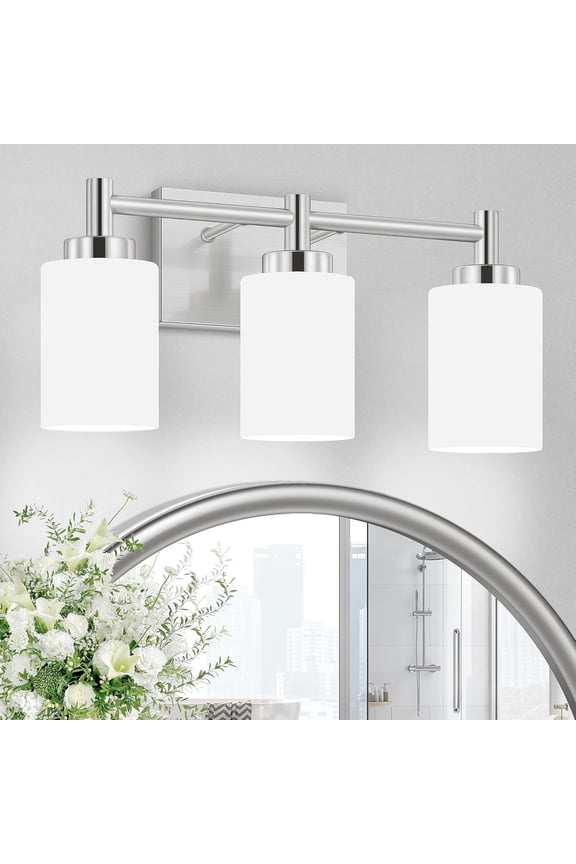 Brushed Nickel Bathroom Light Fixtures 3-Light Modern Vanity Light over Mirror with Milky White Frosted Glass Shades, Bulbs Not Included