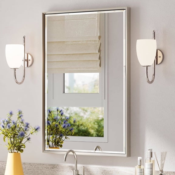 Brushed Nickel Bathroom Mirror, 24 x 36 Inch Beveled Framed Wall Mirror, Vertical or Horizontal Mount