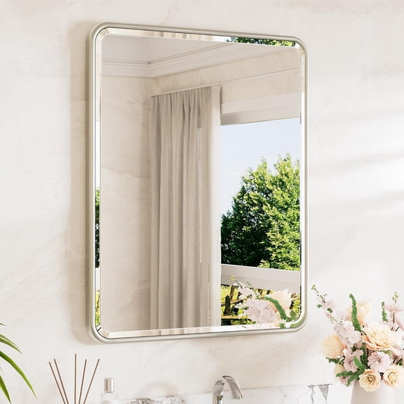 Brushed Nickel Bathroom Mirror 30"L x 24"W Tempered Glass Beveled Edge Rounded Corner Rectangle
