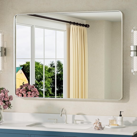Brushed Nickel Bathroom Mirror 40 x 30 Inch Brushed Nickel Metal Framed Bathroom Mirror, Tempered Glass, Modern Farmhouse Wall Mounted Mirror for Decorative(Horizontal/Vertical)