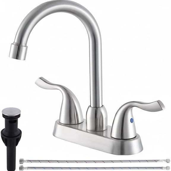 Brushed Nickel Bathroom Sink Faucet, 2 Handle 4 Inch Centerset Bathroom Faucet, 3 Hole Small Bathroom Sink Faucet with Supply Lines and Pop-up Drain, RV faucets for Camper Lavatory Vanity