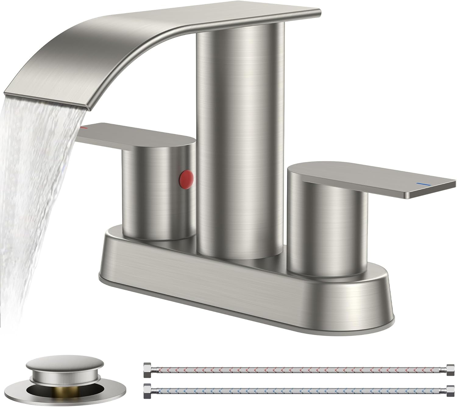 Brushed Nickel Bathroom Sink Faucet, Waterfall 4 Inch Centerset ...