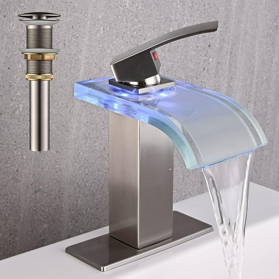 Brushed Nickel Bathroom Sink Faucet with LED Brass with Drain Single Hole Single Handle Waterfall Mixer Tap