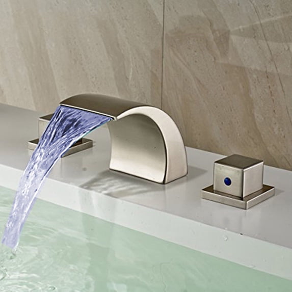 Brushed Nickel Bathroom Sink Faucet with Led Three Colors Brass Three Holes Dual Handle Waterfall Mix Hot & Cold Water