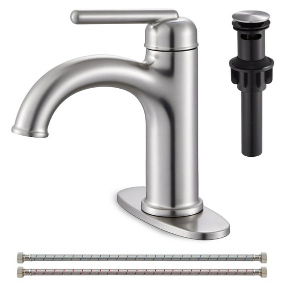 Wowkk Brass Bathroom Faucets Brushed Nickel Bathroom Sink Faucets Single Handle Vanity Faucets Pop-Up Drain Included, Modern RV Faucets with Water Supply Line and Deck Mount 1 or 3 Hole