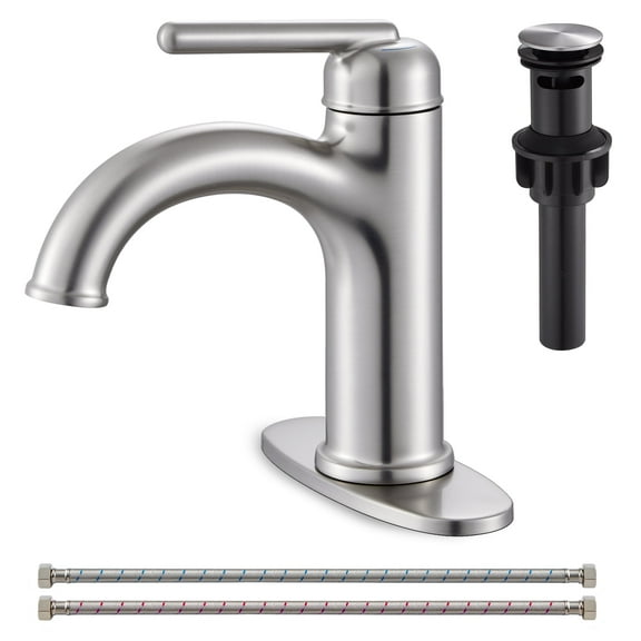 Wowkk Brass Bathroom Faucets Brushed Nickel Bathroom Sink Faucets Single Handle Vanity Faucets Pop-Up Drain Included, Modern RV Faucets with Water Supply Line and Deck Mount 1 or 3 Hole