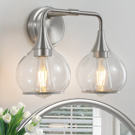 Brushed Nickel Bathroom Wall Sconce 2 Lights Bathroom Light Fixtures Over Mirror with Clear Glass Shade Vanity Light Lighting