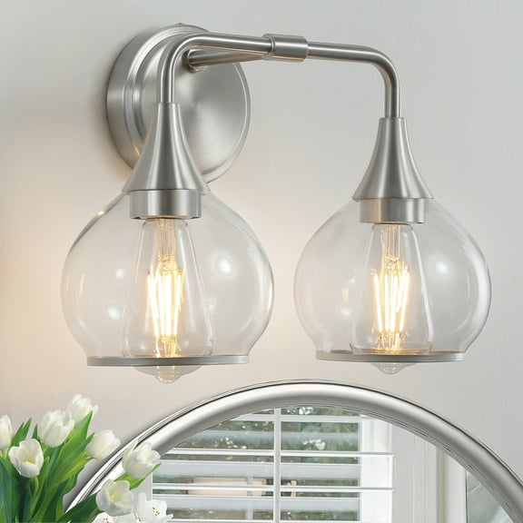 Brushed Nickel Bathroom Wall Sconce 2 Lights Bathroom Light Fixtures Over Mirror with Clear Glass Shade Vanity Light Lighting