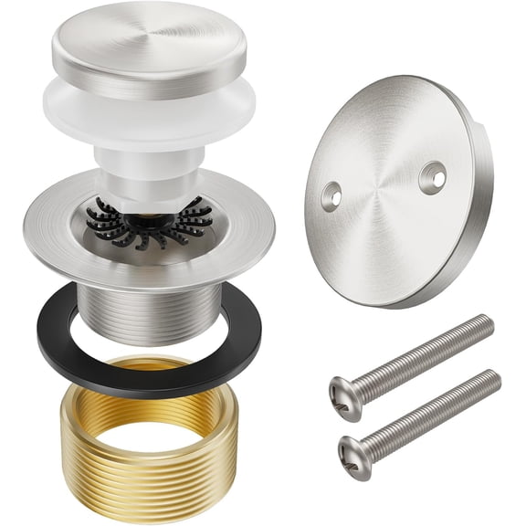 Brushed Nickel Bathtub Drain Stopper and Overflow Kit, Solid Brass Tip-Toe Bath Tub with Hair Catcher - Universal Coarse/Fine Thread, Bathroom Plug Replacement, 11.5/16 UNC