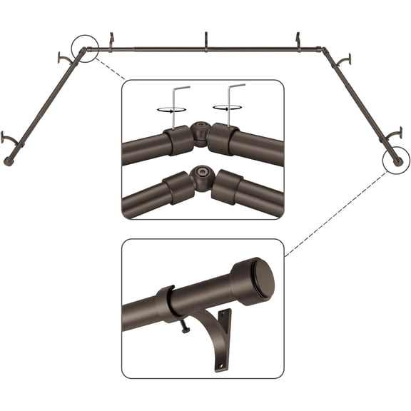 Brushed Nickel Bay Window Curtain Rods with Aluminum End Cap Finials and Brackets,Adjustable 36-72 Inch Center Rod for windows (24-68’’), 20-36 Inch Side Rods for windows (16-32’’)