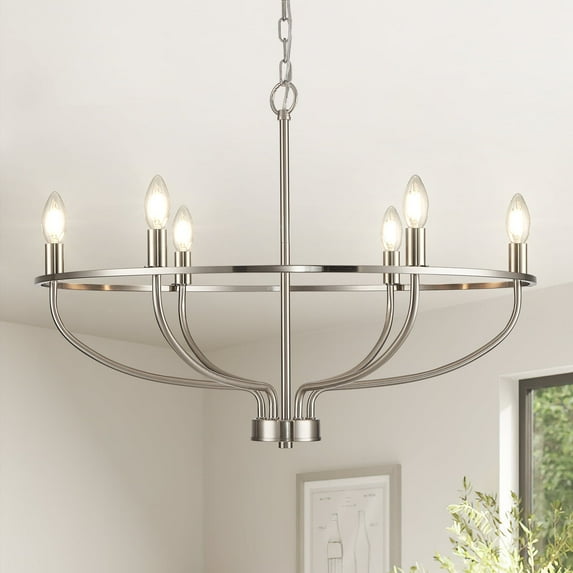 Brushed Nickel Chandelier, 6-Light Dining Room Chandelier Chrome Light Fixture Metal Candle Kitchen Chandeliers 28inch Round Chandeliers with Long Chain for Bedroom Living Room