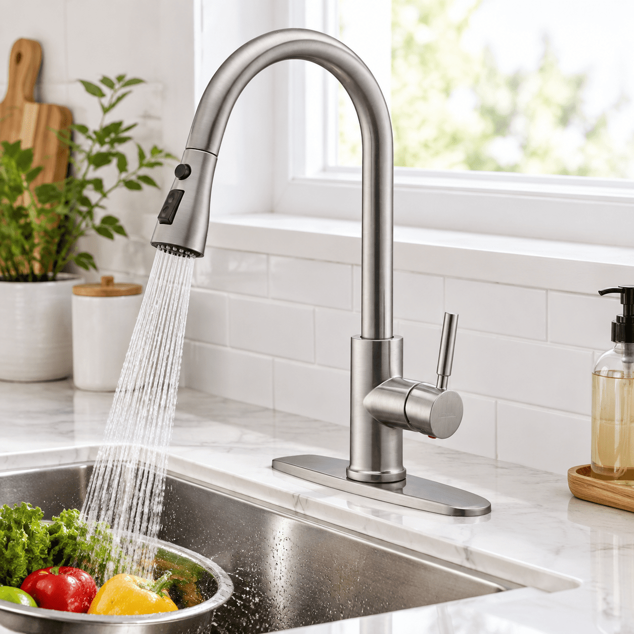 Brushed Nickel Classic High-arc Pull-down Kitchen Faucet with 3-mode ...