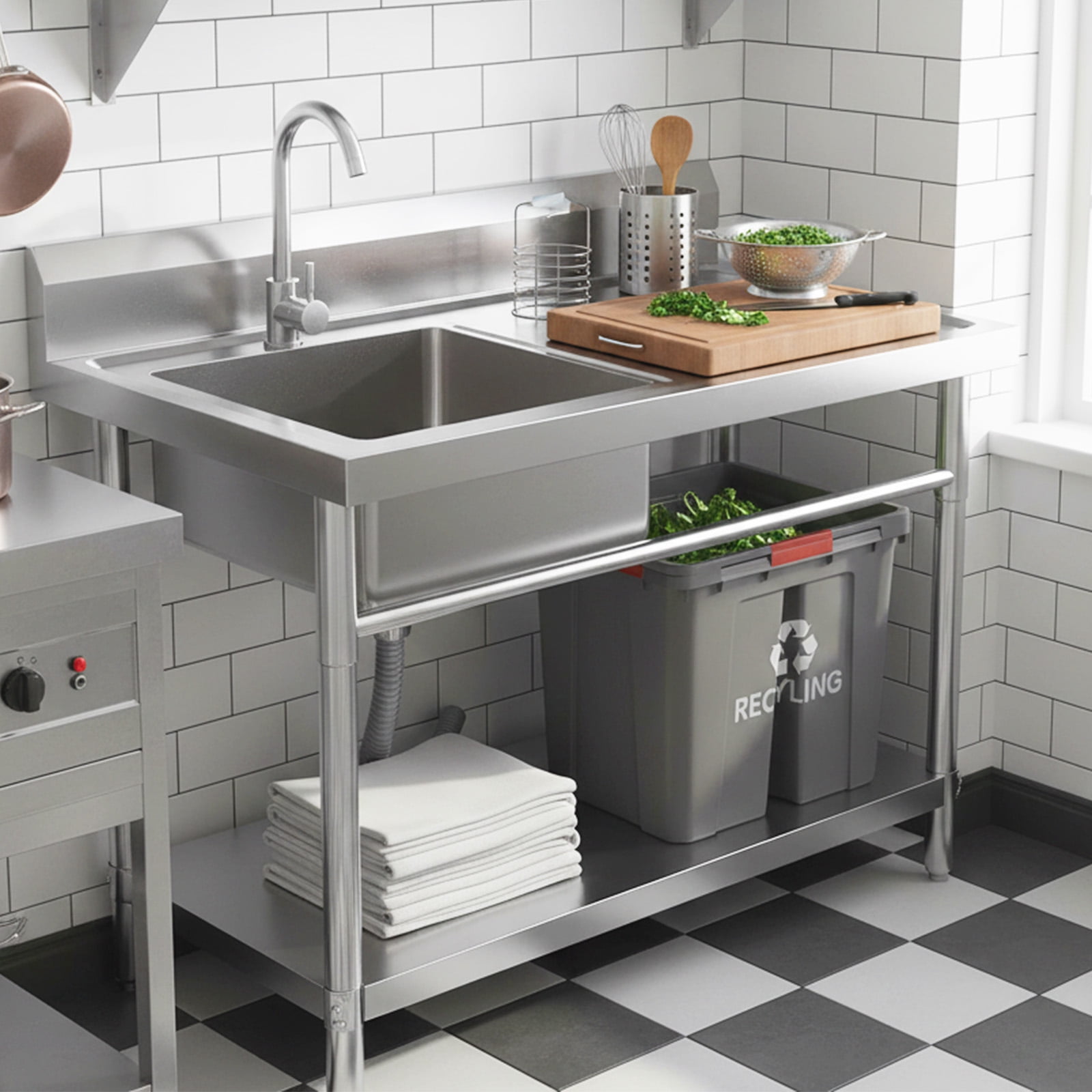 Brushed Nickel Commercial Single Bowl Sinks, Space-Saving Utility Sink Kitchen Sink Laundry Sink with Worktable Faucet Drainage Kit Easy to Clean for Cafe Bar Garage Outdoor