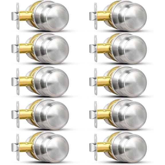 Brushed Nickel Door Knob, 10 Pack Round Keyless Doorknobs Interior/Exterior Lockset, Passage Locking Door Knobs for Bedroom/Bathroom, Modern Design Door Hardware