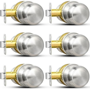 Brushed Nickel Door Knob, 6 Pack Round Keyless Doorknobs Interior/Exterior Lockset, Passage Locking Door Knobs for Bedroom/Bathroom, Modern Design Door Hardware