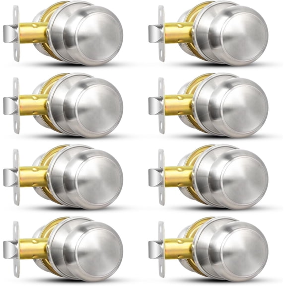 Brushed Nickel Door Knob, 8 Pack Round Keyless Doorknobs Interior/Exterior Lockset, Passage Door Knobs for Bedroom/Bathroom, Modern Design Door Hardware