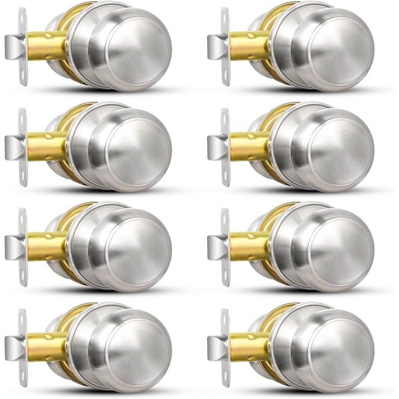 Brushed Nickel Door Knob, 8 Pack Round Keyless Doorknobs Interior/Exterior Lockset, Passage Door Knobs for Bedroom/Bathroom, Modern Design Door Hardware