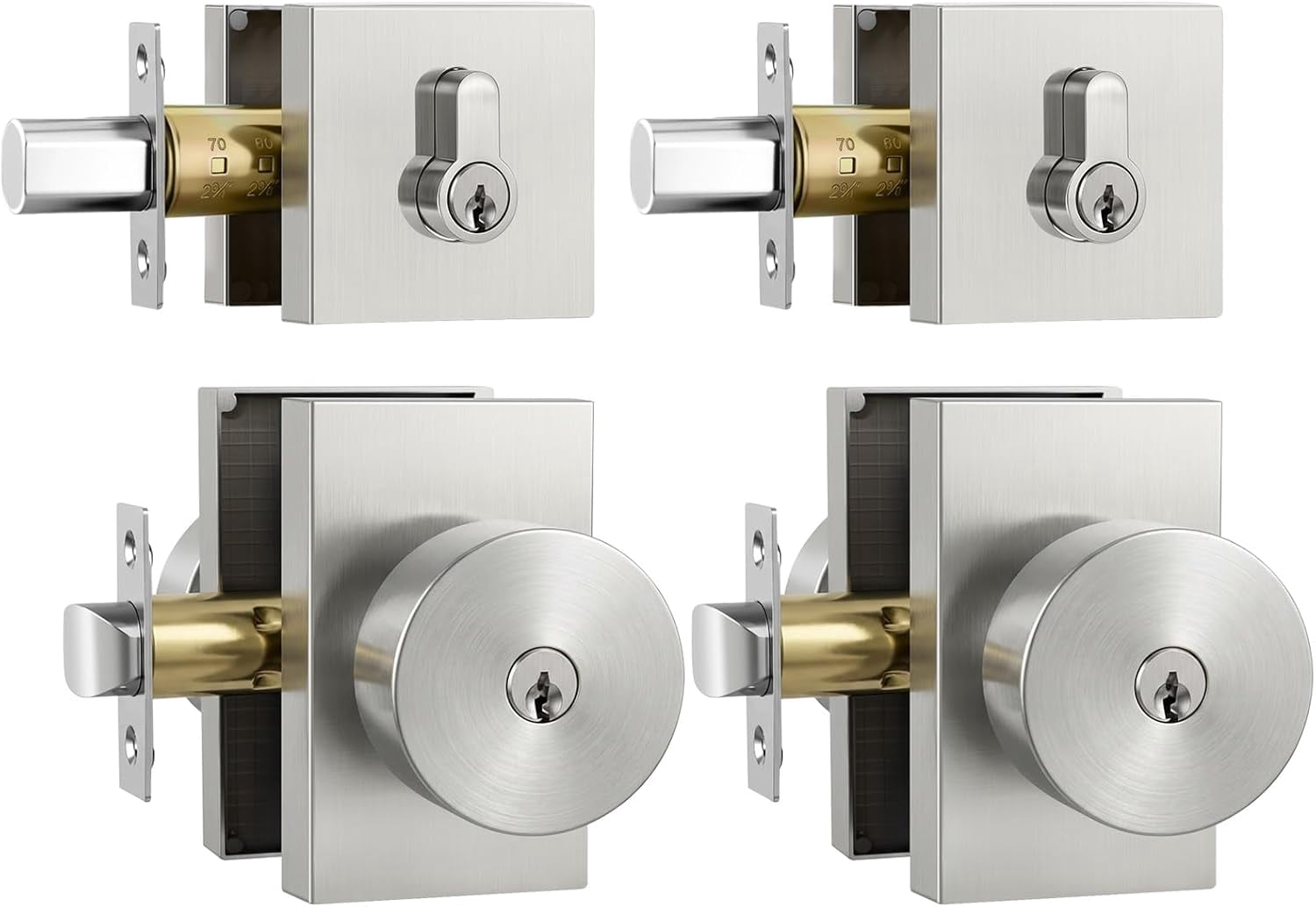 Brushed Nickel Door Knob with Deadbolt, Zinc-Alloy Satin Silver Exterior Door Lock Set, Heavy Duty Satin Nickel Front Door Knob and Deadbolt Set with Lock and Key, Reversible (2 Pack)