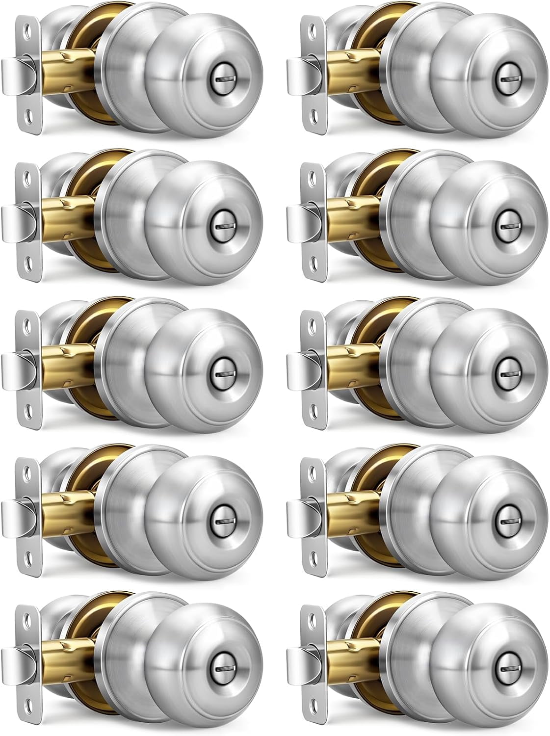 Brushed Nickel Door Knobs, 10 Pack Privacy Door Knobs Interior Door Knobs for Bedroom/Bathroom Keyless Doorknobs Interior/Exterior Lockset, Brushed Nickel Modern Design Door Hardware