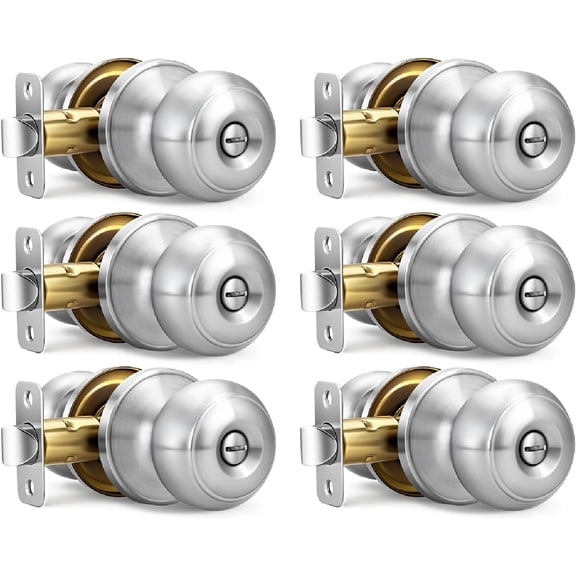 Brushed Nickel Door Knobs, 6 Pack Privacy Door Knobs Interior Door Knobs for Bedroom/Bathroom Keyless Doorknobs Interior/Exterior Lockset, Brushed Nickel Modern Design Door Hardware
