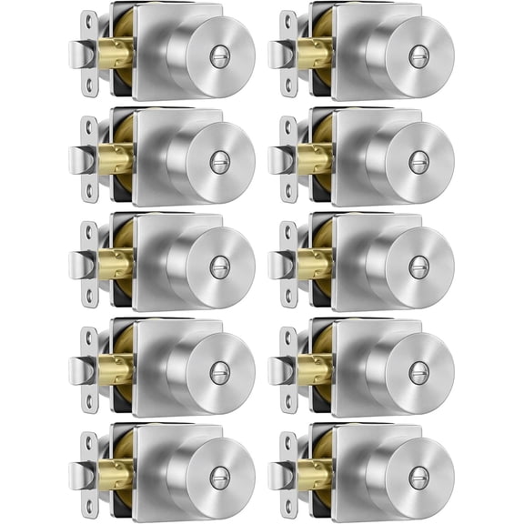 Brushed Nickel Door Knobs Interior 10 Pack, Satin Nickel Brushed Keyless Privacy Door Knob with Lock for Bedroom and Bathroom, Ambidextrous Round Ball Inside Door Knob Set Stainless Steel Hardware